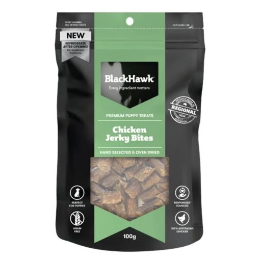 Black Hawk Dog Treats - Puppy Chicken Jerky Bites 100g -Pet Supply Store 141529 bht106 black hawk chicken bites front of pack