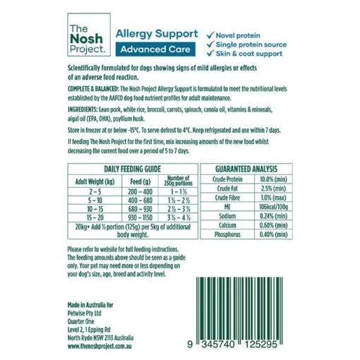 The Nosh Project Allergy Adult Dog Meal 500gx7 -Pet Supply Store 142801 allergy backlabel 1