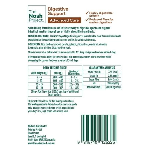 The Nosh Project Digestive Support Adult Dog Meal 500gx7 -Pet Supply Store 142808 digestive backlabel