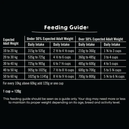 Leaps & Bounds Chicken Large Breed Puppy Food 18kg -Pet Supply Store 144148 feeding guide table image