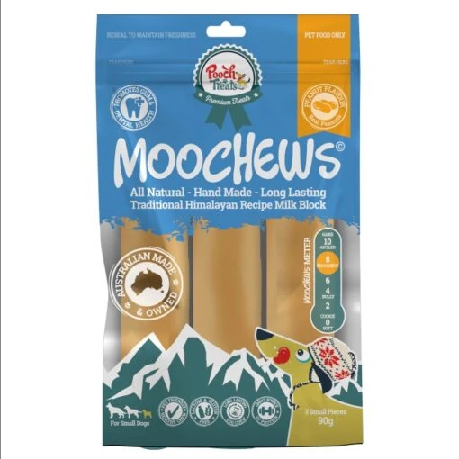 Pooch Treats Moo Chew PButter Dog Treat LF Milk Block S-3PK -Pet Supply Store 144324 Pooch Moochew Small Peanut Butter Front