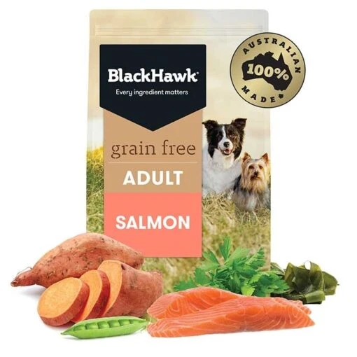 Black Hawk Grain Free Salmon Adult Dog Food -Pet Supply Store 24499 134254 134256 grain free adult salmon digital shelf 01 google hero 12 1 1 1