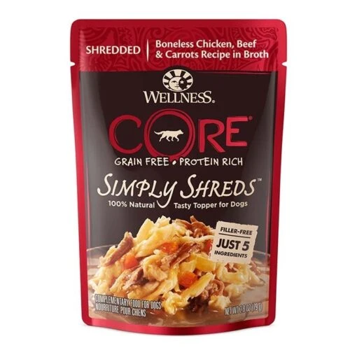 Wellness Core Simply Shreds Chicken Beef & Carrot Dog Pouch 79g X12 -Pet Supply Store 26514 136051 fdt wcd simplyshreds shred chknbeef 2p8oz gloss 0000 1