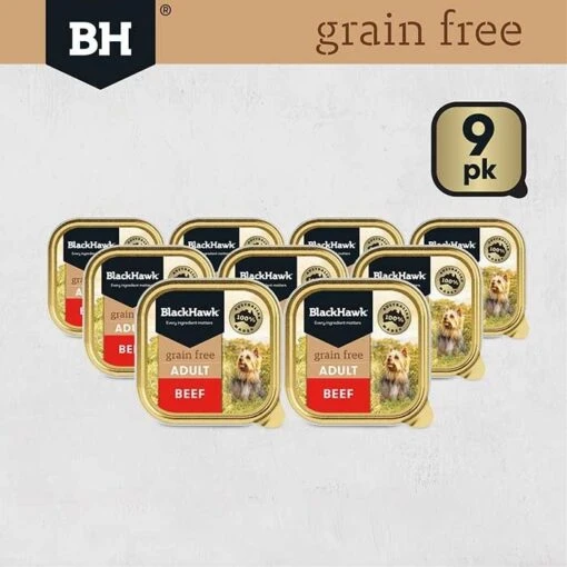 Black Hawk Grain Free Beef Adult Dog Can 100gx9 -Pet Supply Store 29651 137540 132942 bhc100 grain free wet adult beef final 20200528 02 mobile optimised pack hero 100g 5 2