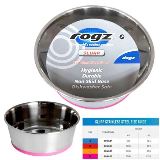 Rogz Bowl Stainless Steel Dog Large Pink 1700ml -Pet Supply Store