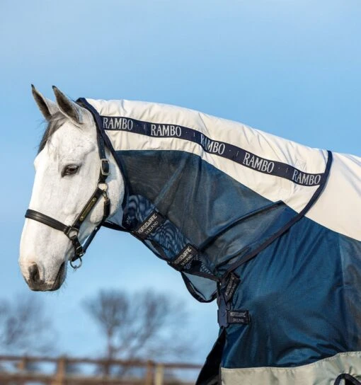 Horseware Ireland Rambo Summer Series Turnout -Pet Supply Store AAATKS BJ00 Rambo Summer Series Navy Grey hood view 1440x1536 1