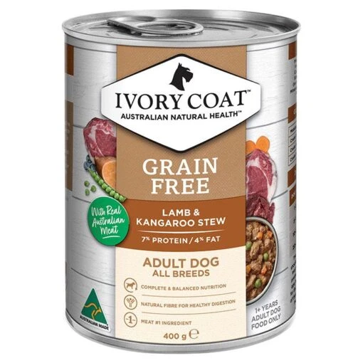 Ivory Coat Grain Free Lamb & Kangaroo Adult Dog Can 400gx12 -Pet Supply Store IC AU 400G ADULT DOG GF LAMB ROO STEW 1 1